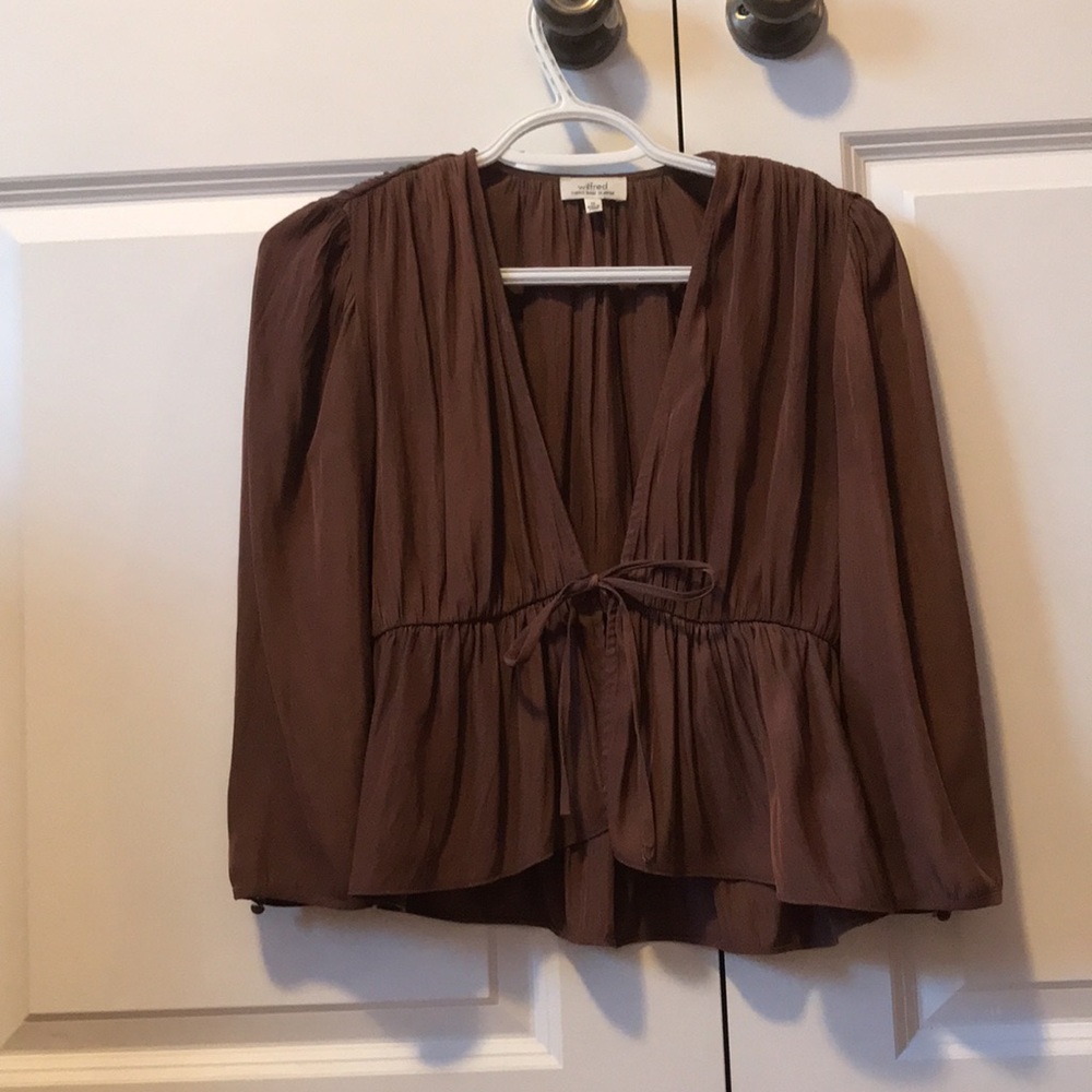 Aritzia Neutral Mauve Silky Draped Tie-Front Top